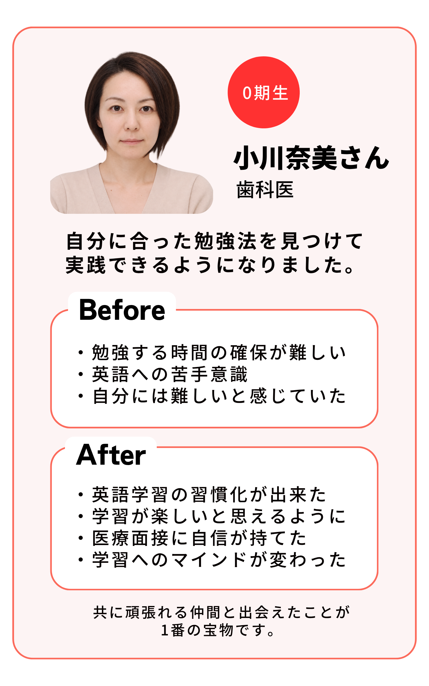 0期生 小川奈美さん（歯科医）自分に合った勉強法を見つけて実践できるようになりました。Before: 勉強する時間の確保が難しい・英語への苦手意識・自分には難しいと感じていた。After: 英語学習の習慣化が出来た・学習が楽しいと思えるように・医療面接に自信が持てた・学習へのマインドが変わった。共に頑張れる仲間と出会えたことが1番の宝物です。